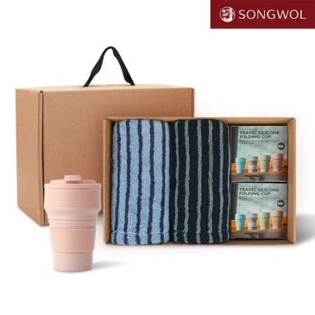 [송월타올] 리빙 기프트세트 40 송월 호텔컬렉션 스트라이프44 2P + 실리콘텀블러500ml 2P #2