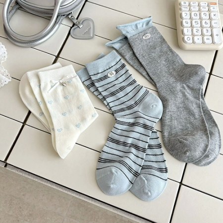 룩앳걸 파스텔 하트 리본 자수 중목양말 5켤레 세트 #4