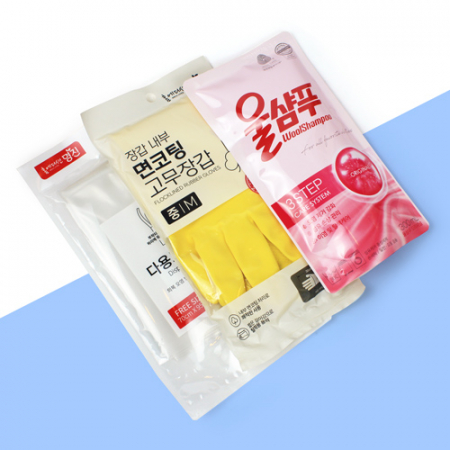 다용도앞치마 2매 + 면코팅 고무장갑 + 애경 울샴푸 리필 300ml + 종이케이스 #2