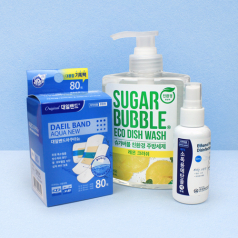 가정 필수품 대용량 대일밴드 아쿠아 방수 혼합 80 매 +스프레이 에탄올 + 슈가버블 주방세제 470ml