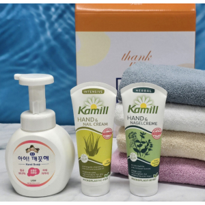 카밀 핸드크림 로션+ [송월타올] 수건+ 아이깨끗해 비누) 선물세트/ 판촉 사은품 선물용 답례품 단체 행사 기념 홍보 기프트/ 송월 타월 호텔 수건 세면 타올/ 핑크소금 화장품 휴대용