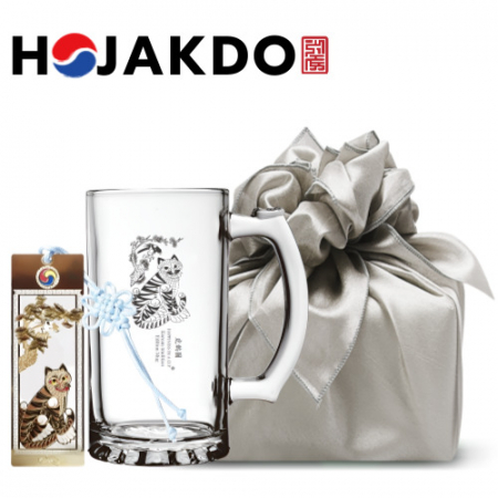 한국전통 에디션 호작도 드로잉 글라스 맥주잔 비어 머그컵 500ml 책갈피 북마크 보자기 선물포장 기념품 #3