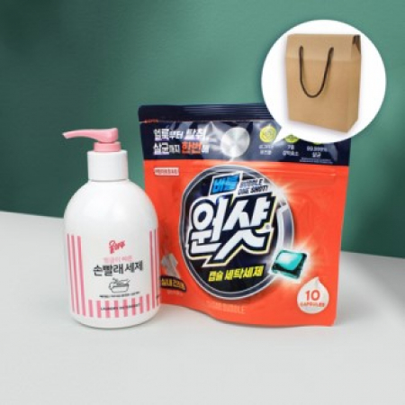 애경 울샴푸 손빨래 세제 380ml  펌프형 + 슈가버블 버블원샷 캡슐세제 + 크라프트 끈케이스 #2
