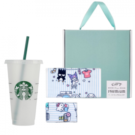 스타벅스 리유저블 콜드컵 709ml + 산리오캐릭터즈나염세면 타올 수건 기프트 세트 #3