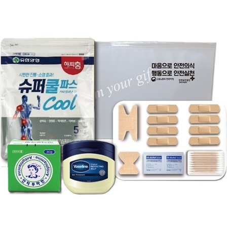 유한양행 슈퍼쿨파스1팩+안티푸라민+바세린50ml+구급밴드세트면봉22p 4종세트 #3