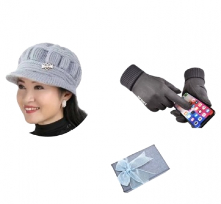 여성 겨울 니트 모자 스웨이드 장갑 세트 #4